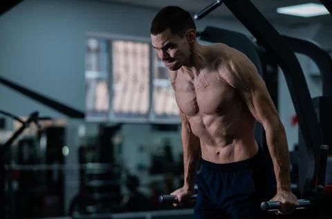 Shirtless man doing triceps dips from parallel bars in gym. 스톡 사진