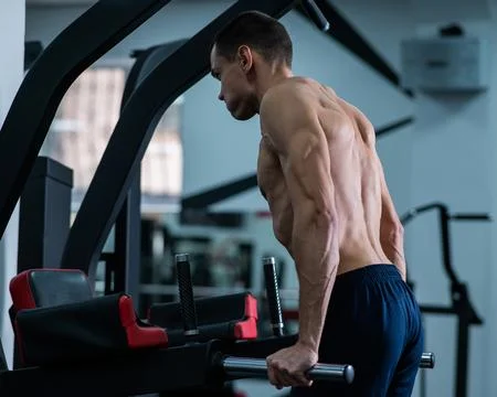 Shirtless man doing triceps dips from parallel bars in gym. Stock Photos