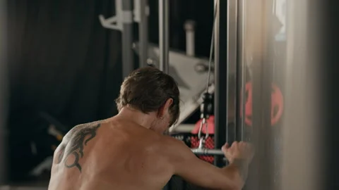 Shirtless Man Exercising Triceps on Cable Machine in Gym Stock Footage 345202183