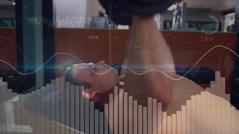 Shirtless man holding weights, doing curls then benching while waveform overlay Stock Footage 331635218