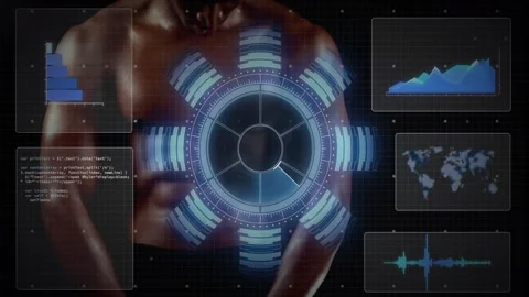 Shirtless man moving hands into circular HUD, activating rings, updating code Stock Footage 334316036