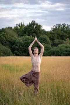 Shirtless man practicing tree pose while standing amidst plants on landscape in Stock Photos