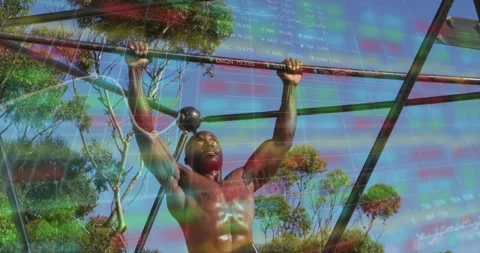 Shirtless man reaching up grasping bar and animating stock charts during pullups Stock Footage 310864726