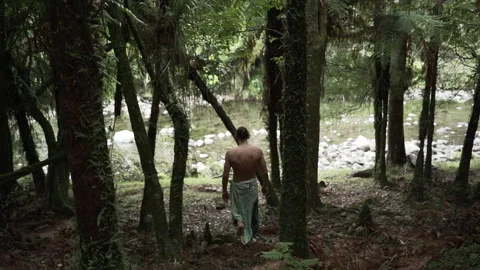Shirtless man walks through the forest of whenuakura island, New Zealand Stock-Footage 218255865