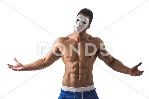 Shirtless muscle man with creepy, scary mask on tilted head ~ Hi Res ...