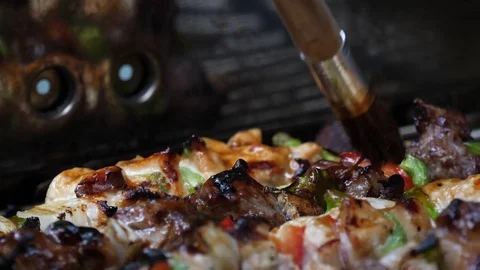 Shish Kabob Being BBQ on Grill Man Cooking Chicken Steak Slow Motion Stock Footage 80473681