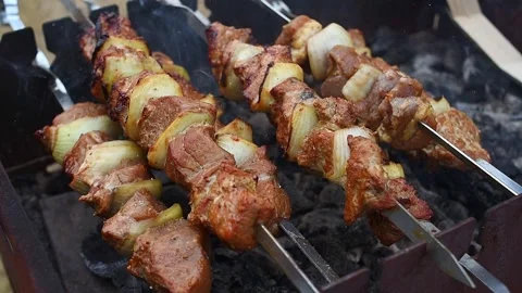 Shish kebab on BBQ grill Video stock 255822529