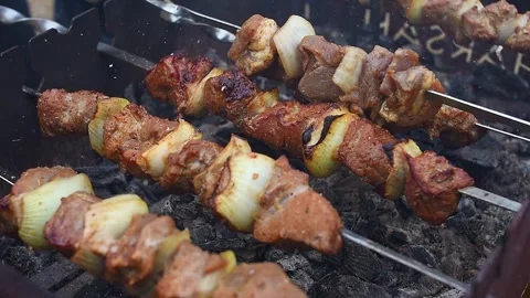 Shish kebab on BBQ grill Video stock 255822530