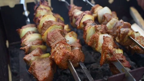 Shish kebab on BBQ grill Video stock 255822533