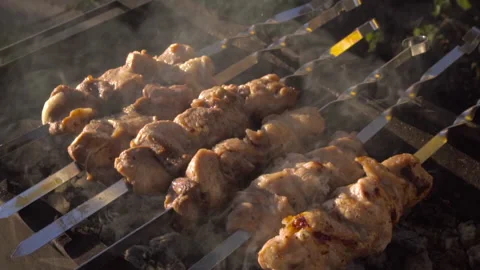 Shish kebab is cooked on the grill Stock Footage 166167088
