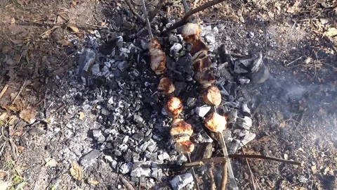 Shish kebab on fire,a beautiful composition Stock Footage 75210557