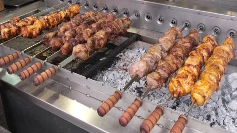 Shish kebab is fried on charcoal Stock Footage 239073927