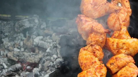 The shish kebab is fried on coals Stock Footage 87906682