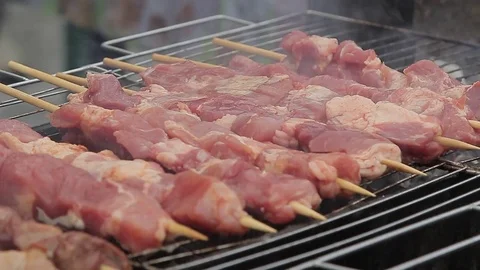 Shish kebab is fried on fire Stock Footage 72962323