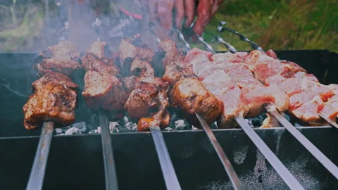 Shish Kebab is Fried on Skewers in the Grill Stock Footage 252803653