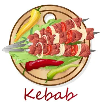 Shish kebab with onion and cherry tomato. Grilled meat skewers. Top view. Vec 스톡 일러스트