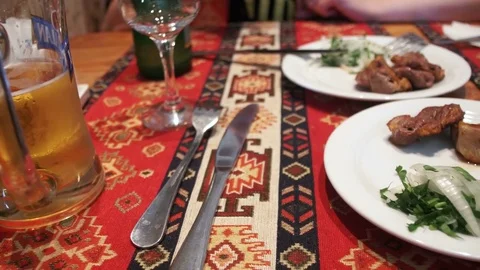 Shish Kebab on a Plate in a Restaurant Stock Footage