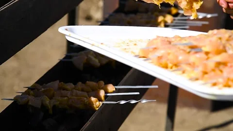Shish Kebab is prepared on the grill Video stock 270305805