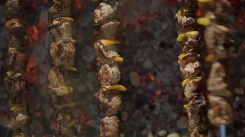 Shish Kebab Preparing on Brazier Top Down View Stock Footage 144652013