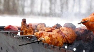 Shish kebab in the snow Stock Footage 85672650