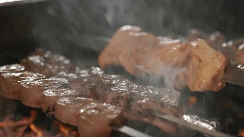 Shish kebabs from different types of meat, on skewers, cooking on charcoal Stock Footage 76845713