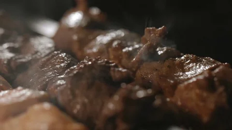 Shish kebabs from different types of meat, on skewers, cooked on charcoal Stock Footage 76850448
