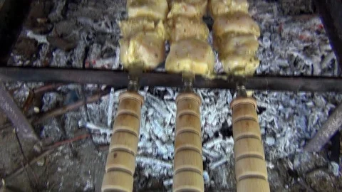 Shish Kebabs From Different Types Of Meat, On Skewers, Cooked On Charcoal Stock-Footage 116051116