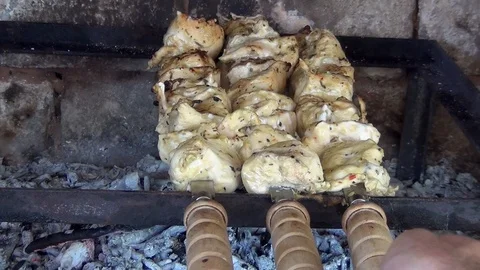 Shish Kebabs From Different Types Of Meat, On Skewers, Cooked On Charcoal Stock Footage 116051239