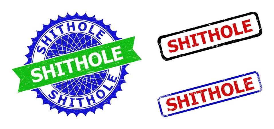 SHITHOLE Rosette and Rectangle Bicolor Badges with Grunged Surfaces Stock Illustration