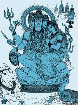 Shiva and Parvati Hindu god Design Element. Sketch or Drawing of Shiva Parv.. Illustrazione stock