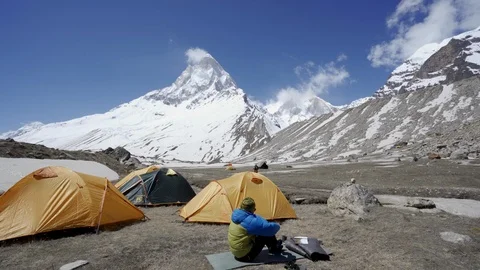Shivling mountain at the source of the Ganges. Garhwal Himalaya. India Stock Footage 110918582