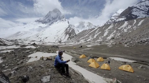 Shivling mountain at the source of the Ganges. Garhwal Himalaya. India Stock Footage 110919507