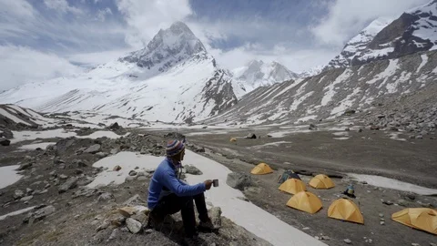Shivling mountain at the source of the Ganges. Garhwal Himalaya. India Stock Footage 110919696