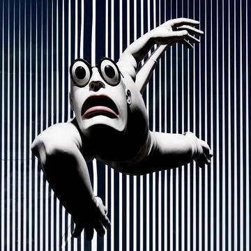 Shocked 3D White Figure Falling Against Striped Background Stock Illustration