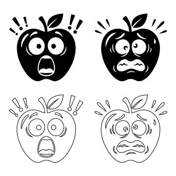 Shocked and scared apple faces silhouette and line art vector illustration Stock Illustration