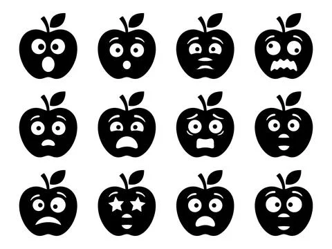 Shocked and scared apple faces emoji set silhouette vector illustration Stock Illustration