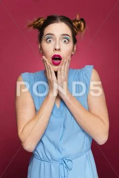 Shocked Astonished Young Woman Standing With Mouth Opened