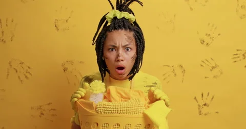 Shocked dark skinned impressed young Afro American woman reacts on something Stock Footage 154770571