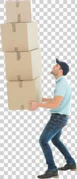 Shocked delivery man carrying stack of boxes Stock Photos