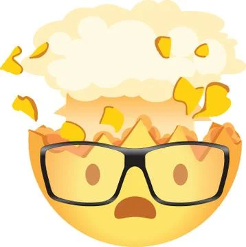 Shocked emoji wearing glasses. Exploding head nerd emoticon. Yellow face with Stock Illustration