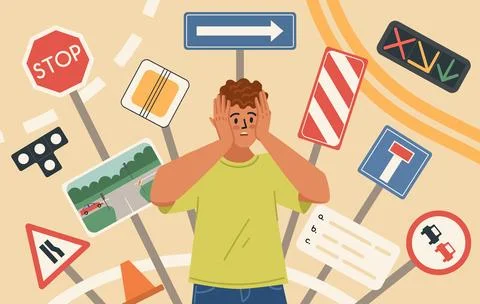 Shocked man driver beginner over road signs and driving rules Ilustração Stock
