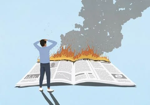 Shocked man with hands on head watching newspaper on fire Stock Illustration