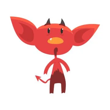 Shocked or surprised red devil character isolated on white. Little horned demon イラスト素材
