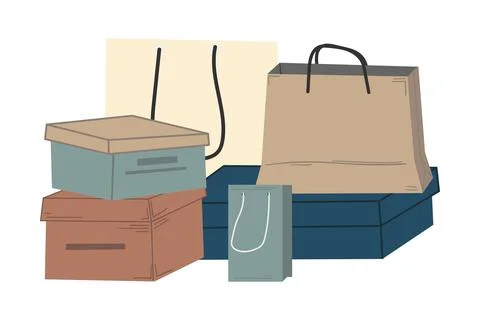 Shoe boxes. Cartoon stack of gift and shopping paper bags, grocery packaging for Stock Illustration