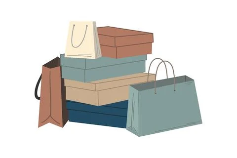 Shoe boxes. Cartoon stack of gift and shopping paper bags composition, hand Stock Illustration