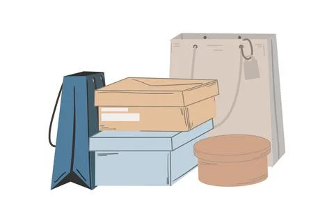 Shoe boxes composition. Cartoon stack of gift and shopping paper bags, hand Stock Illustration