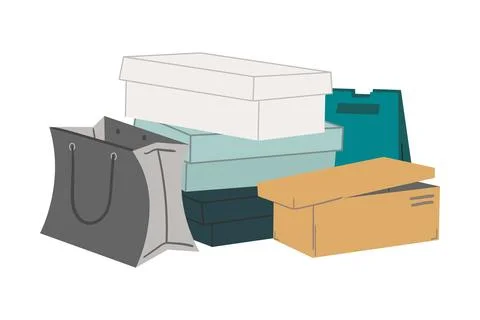 Shoe boxes composition. Stack of gift and shopping paper bags, Sale and discount Illustrazione stock