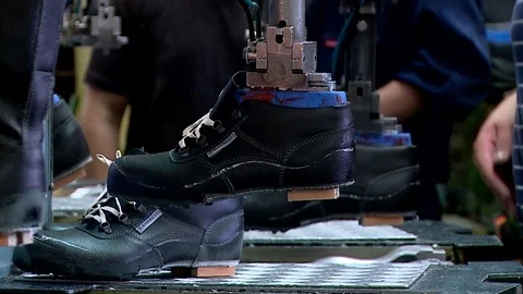 Shoe factory Assembly line closeup Stock Footage 79727242