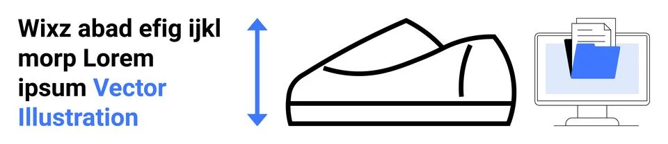 Shoe outline, computer with a file folder, and blue up-down arrow. Ideal for  Illustrazione stock