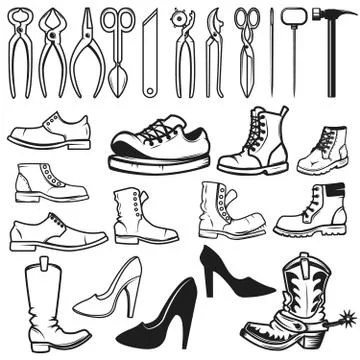 Shoe repair design elements. Tools for shoe repair. Shoes. Vecto Illustrazione stock